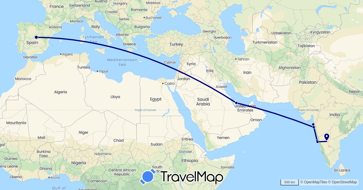 TravelMap itinerary: driving in Spain, India, Qatar (Asia, Europe)